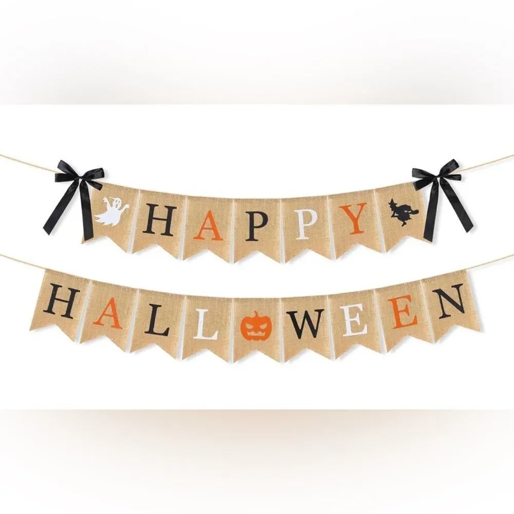 Happy Halloween Burlap Banner Pumpkin Witch Ghost Party Fall Autumn Decoration.